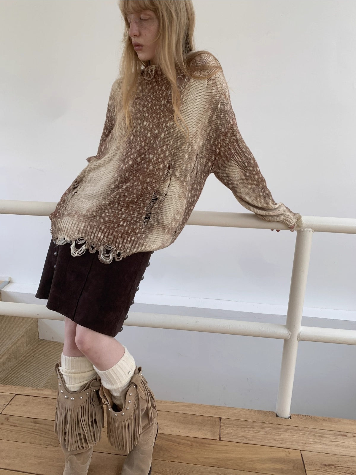 Vintage Deer Print Distressed Knit Sweater
