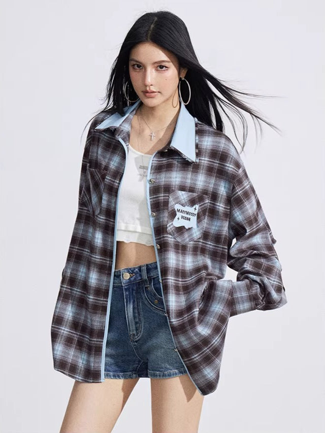 Vintage Contrast Embroidered Plaid Shirt