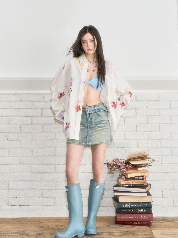 Belted Rhinestone Denim Skirt - CHINASQUAD