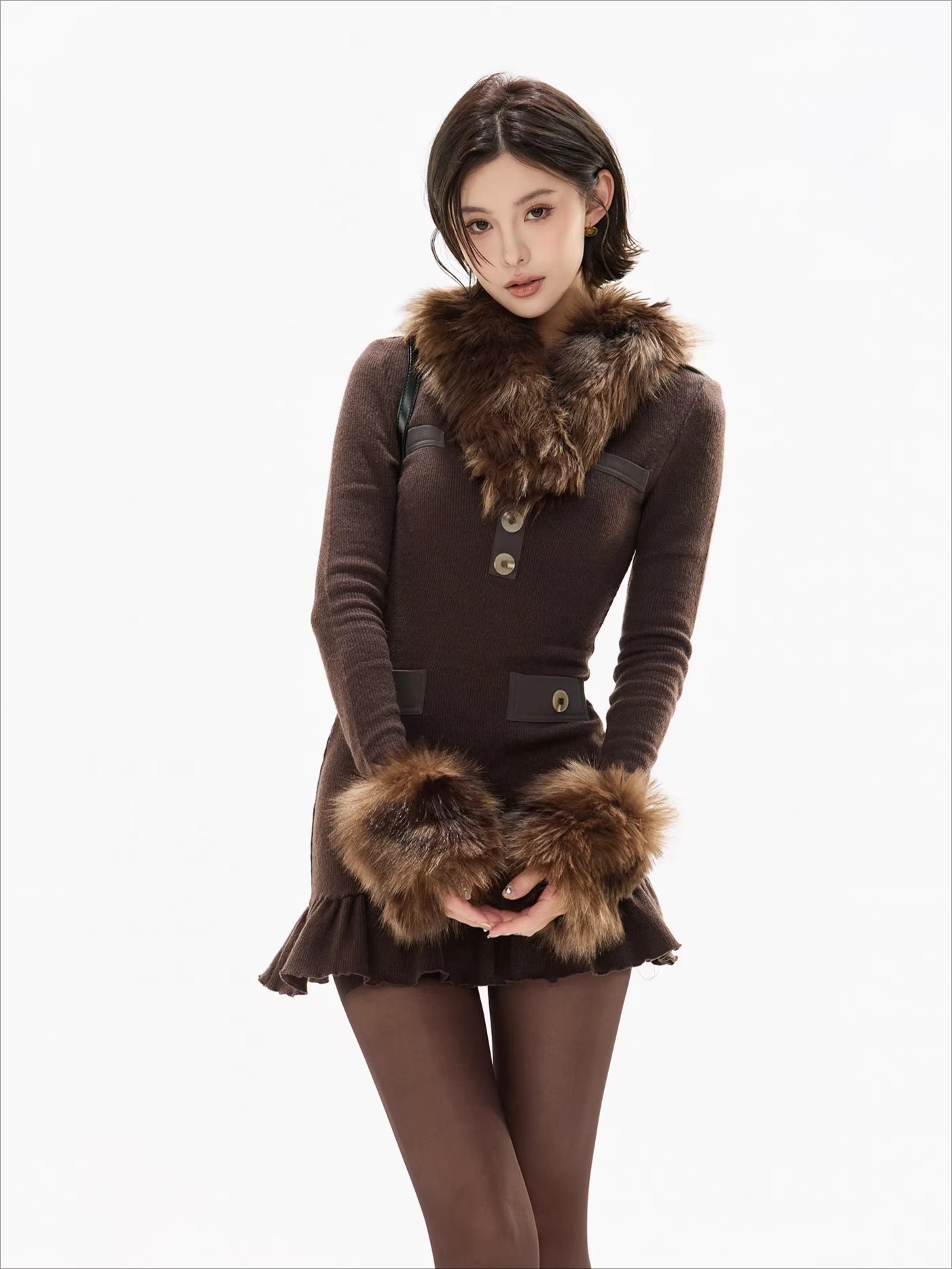 Cold Heiress Detachable Fur-Collar Mini Dress