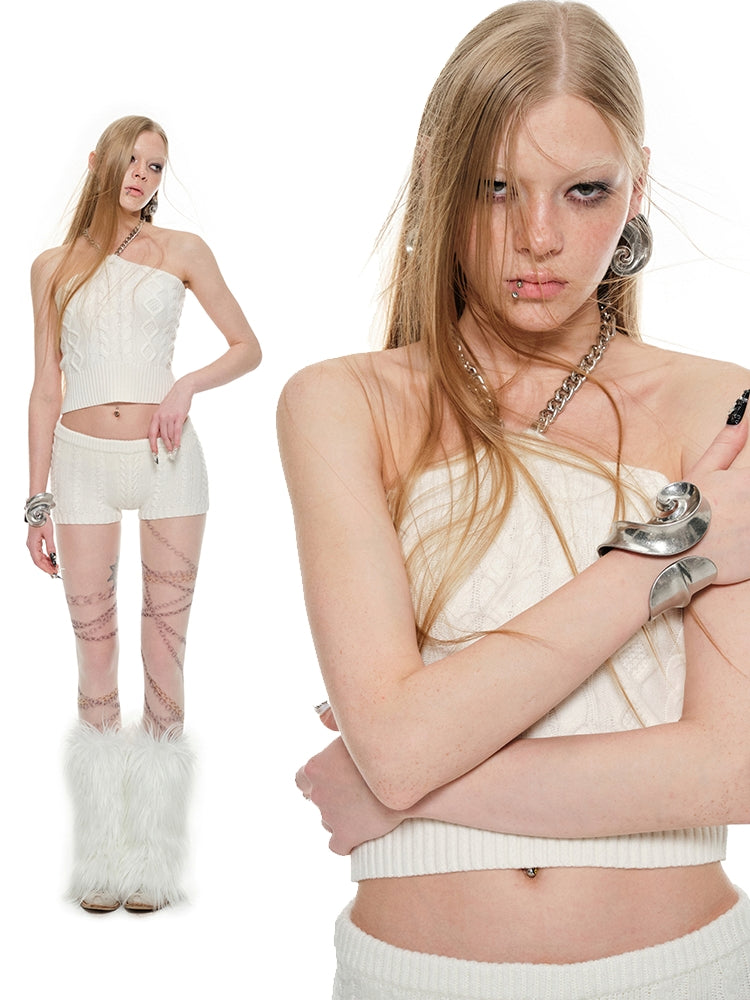 Black & White Knitted Slim-Fit Low-Waist Shorts - CHINASQUAD