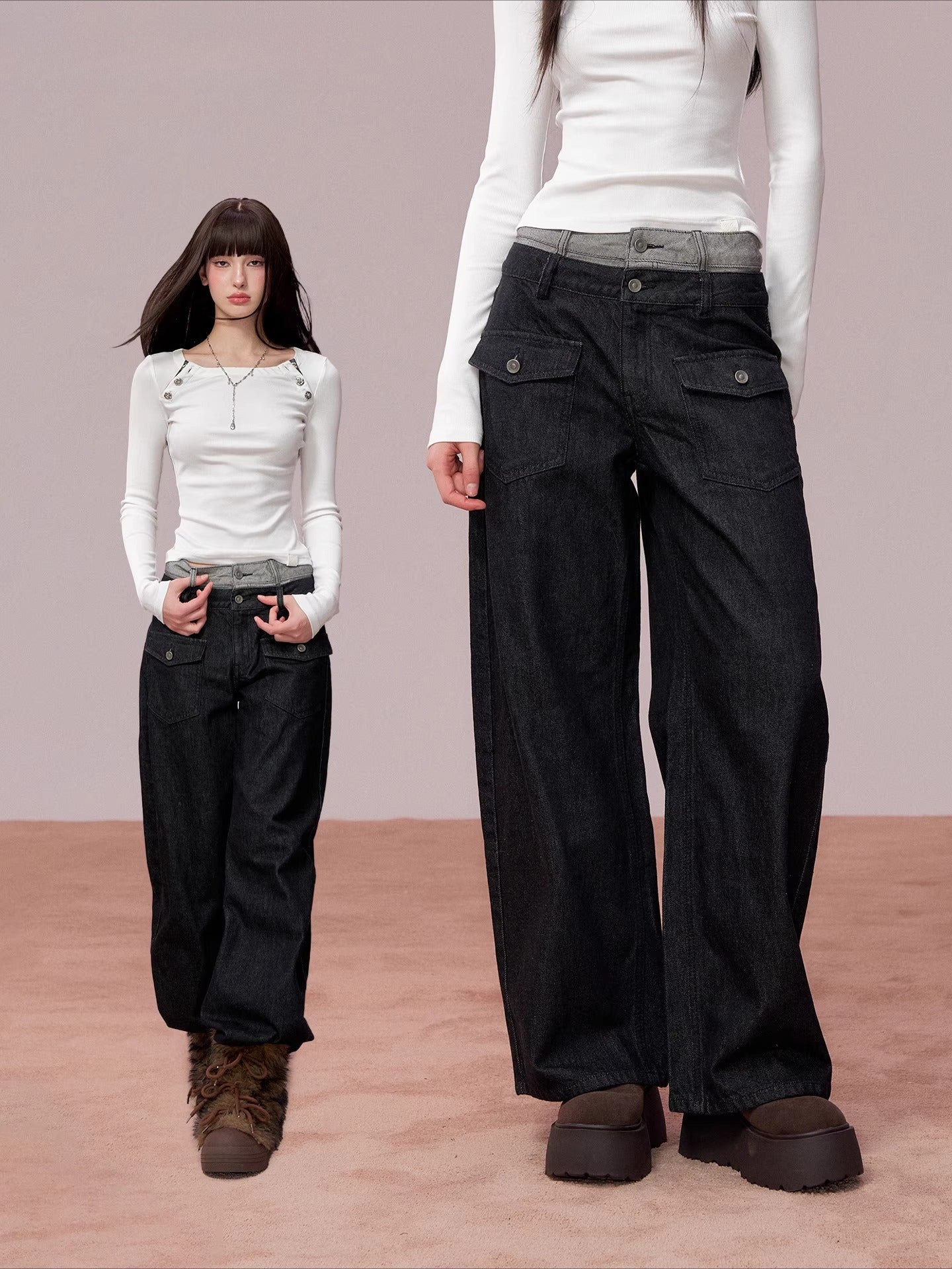 Double-Waist Vintage Wide-Leg Jeans