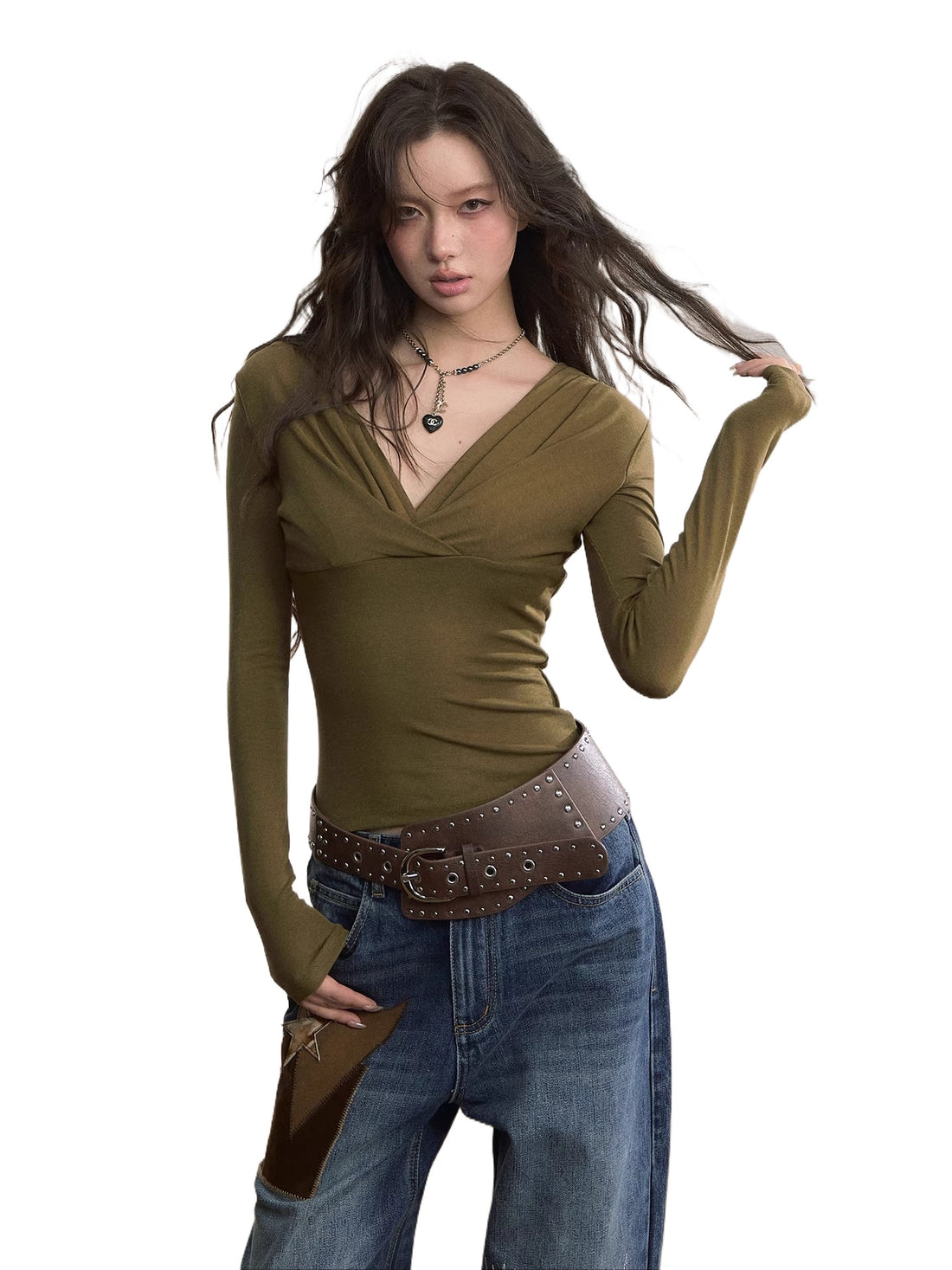 Ruched V-Neck Tencel Slim-Fit Sweater