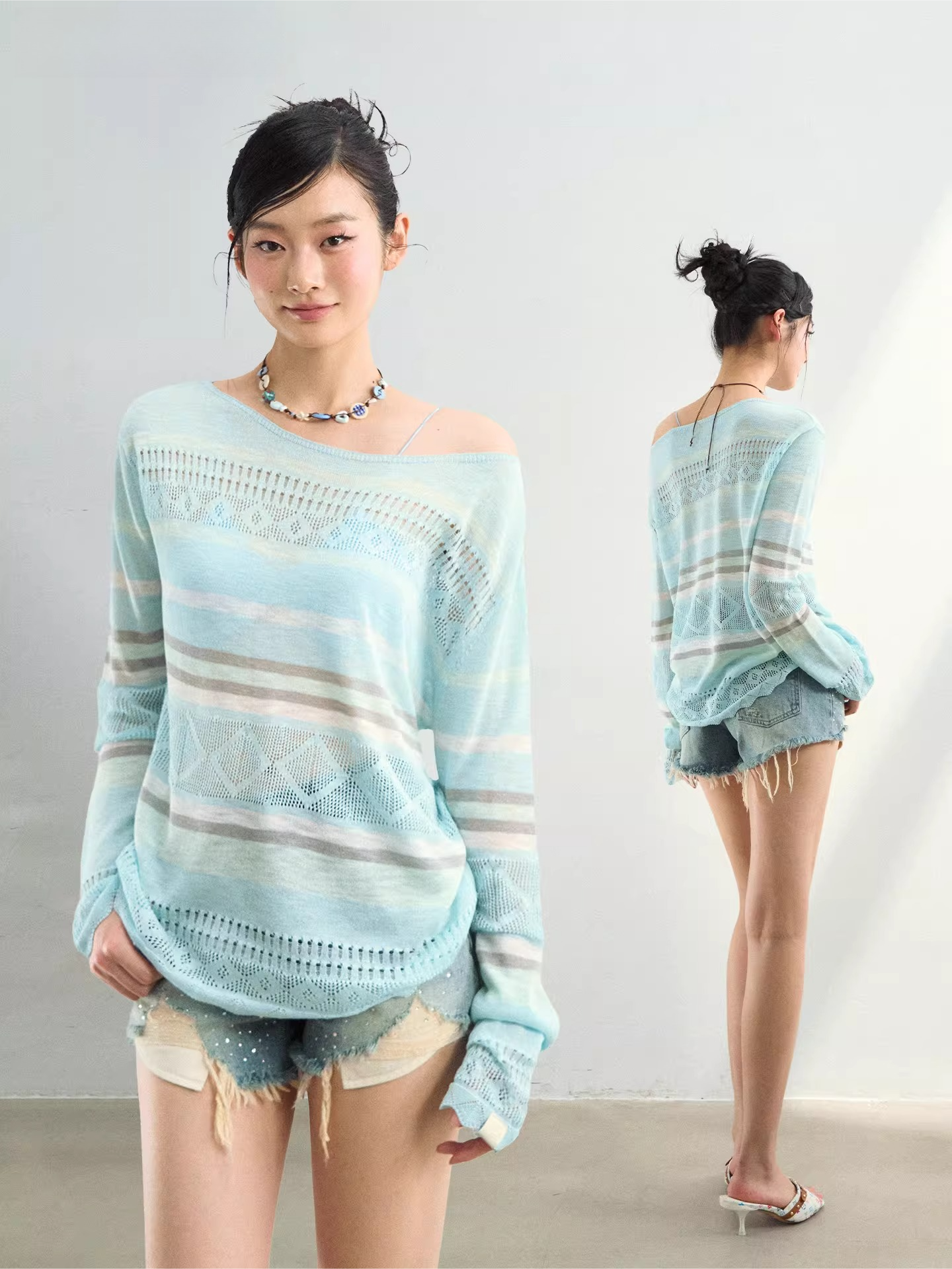 Color-Block Open Knit Stripe Blouse