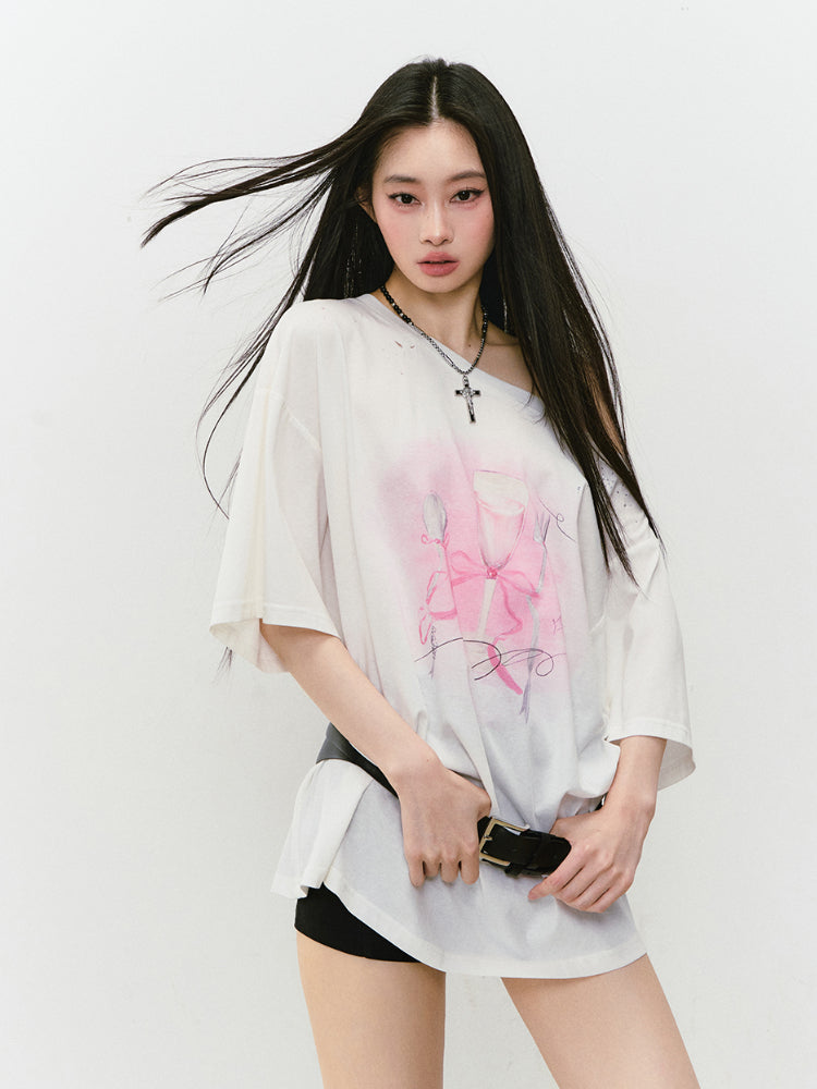 Rhinestone Printed Asymmetric Shoulder Short sleeve T-shirt - CHINASQUAD