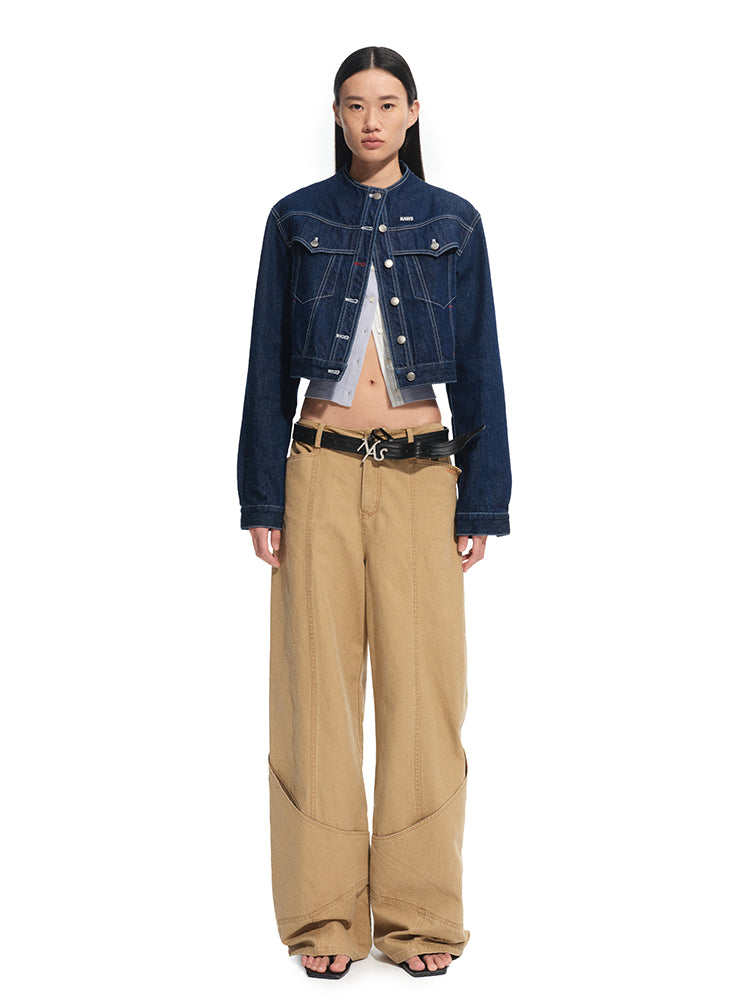 Denim Stand-Collar Regular Shoulder Cropped Jacket - CHINASQUAD
