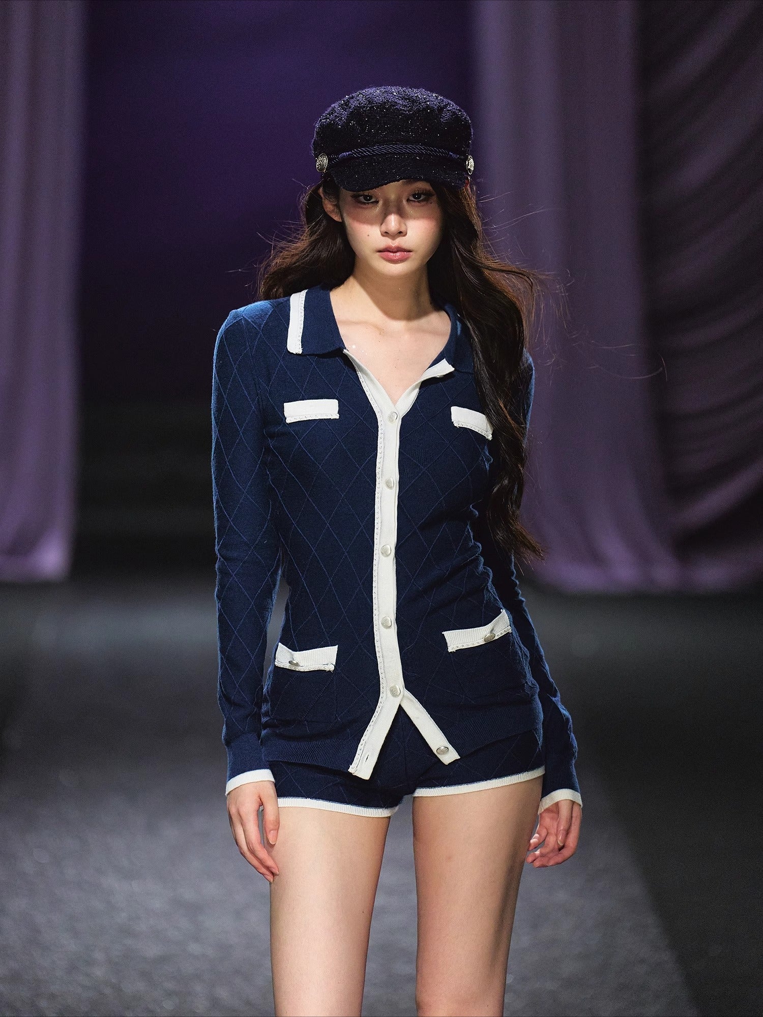 Tweed-Style Diamond Knit Cardigan & Shorts Set - CHINASQUAD