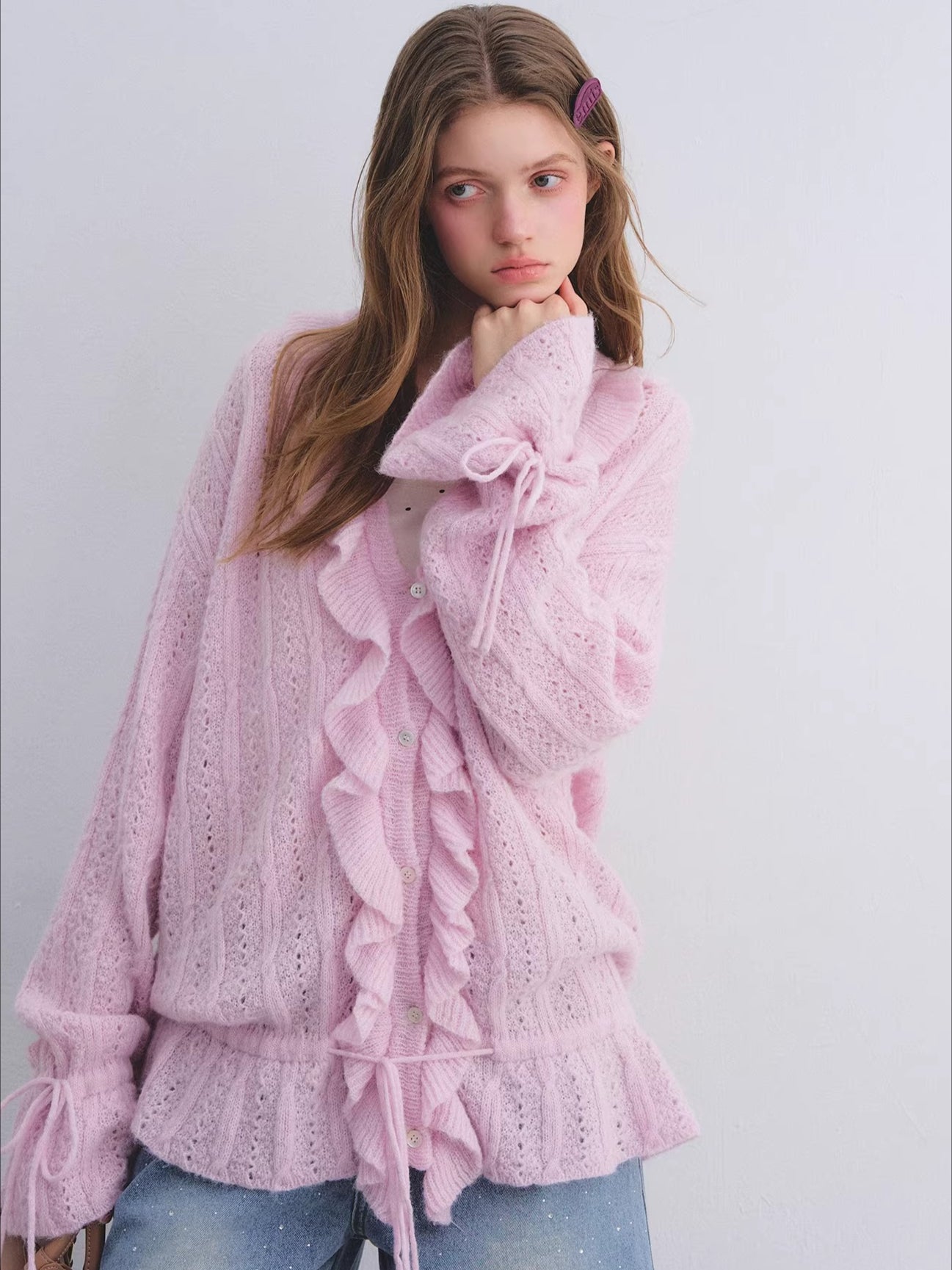 Wool Mohair Drawstring Waist Cardigan