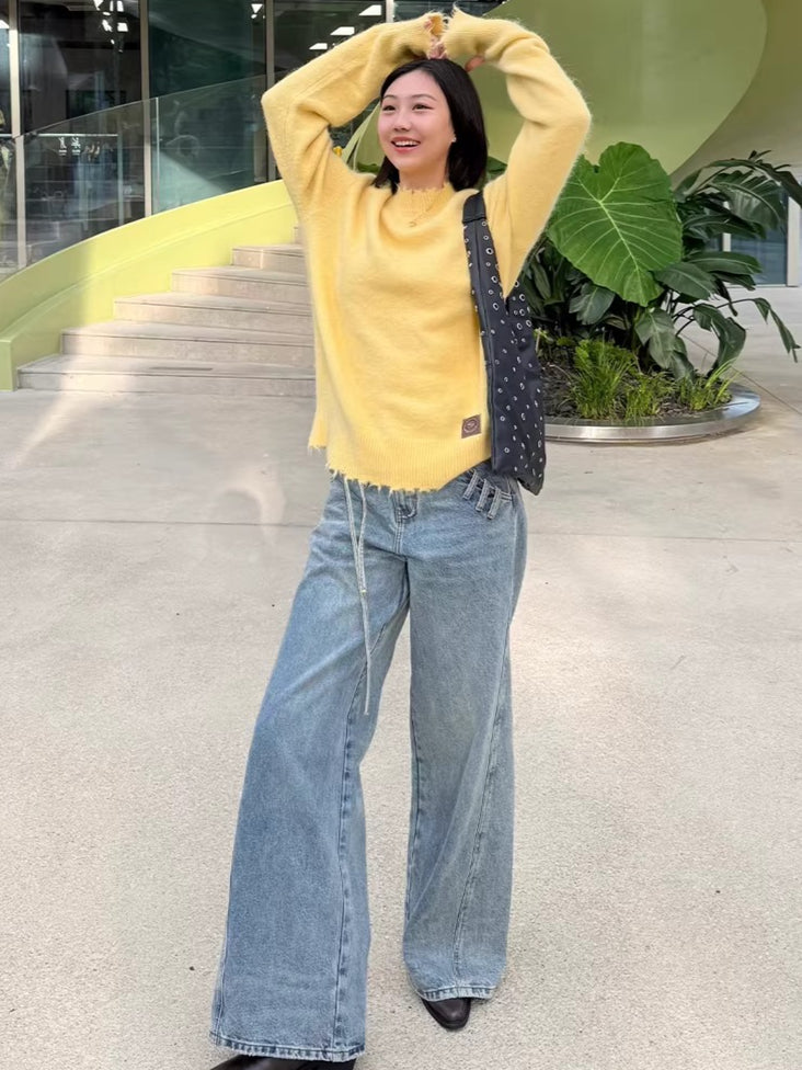 Asymmetric Tie-Detail Loop-Tab Denim Jeans