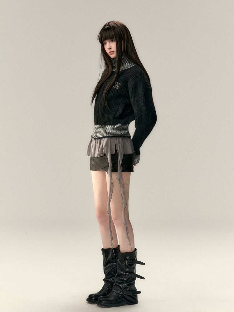 Color-Block High-Neck Knit Cardigan - CHINASQUAD