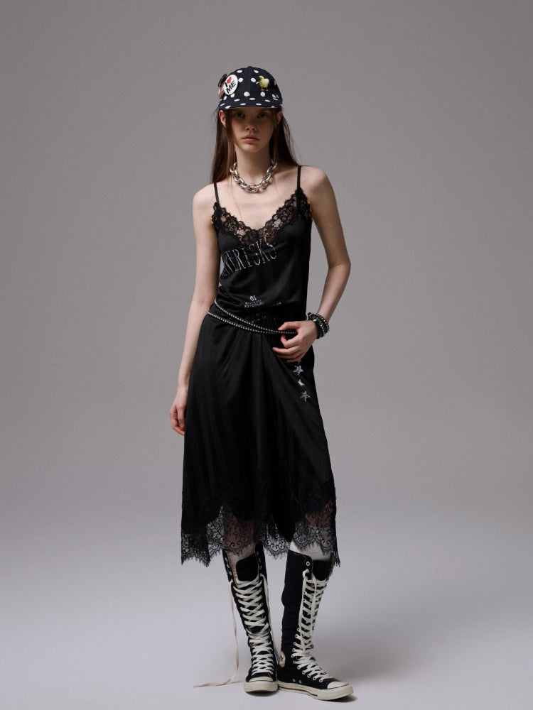 Letter-printed Spliced Lace Camisole Dress