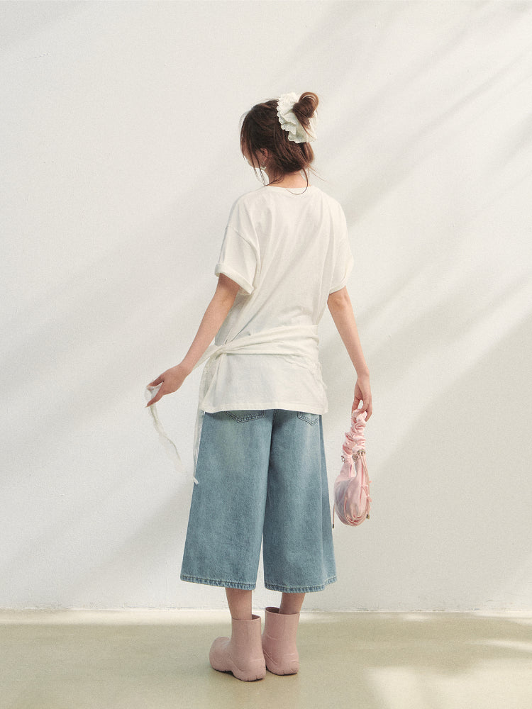 Fruit Print Lace-Trimmed Tie-Up T-shirt - CHINASQUAD