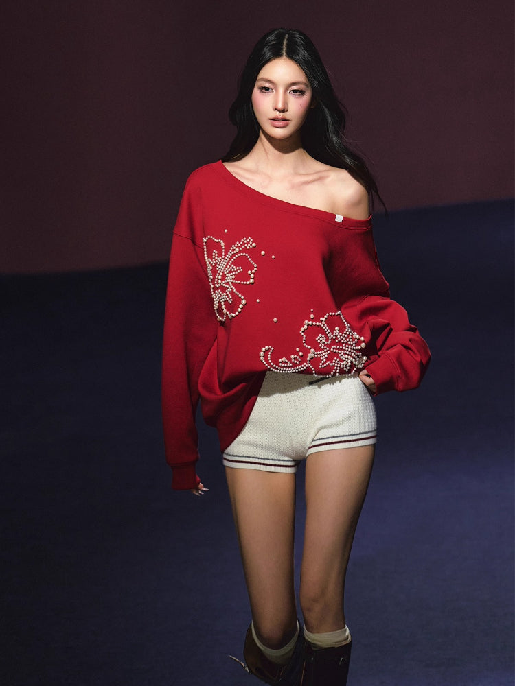 Beaded Off-shoulder Silhouette Sweatshirt