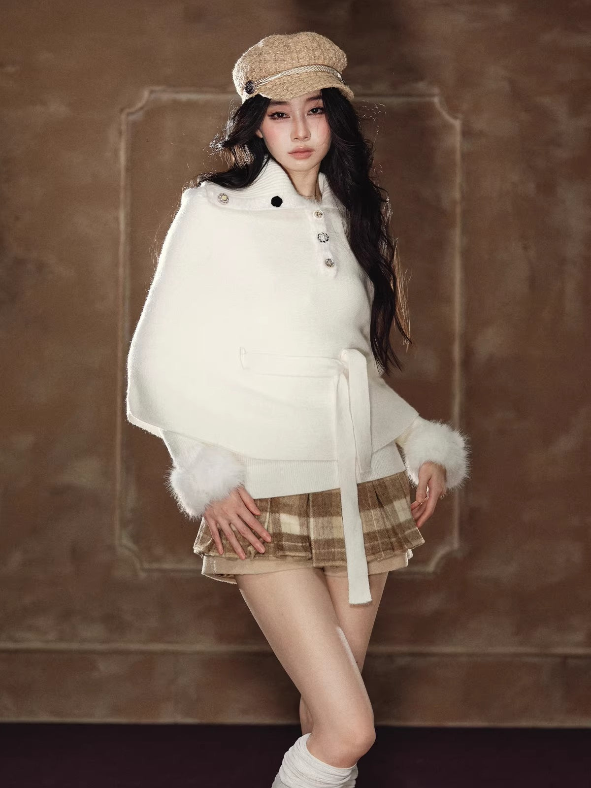 Faux Fur Base Top & Waist-Cinching Cape Knit Set