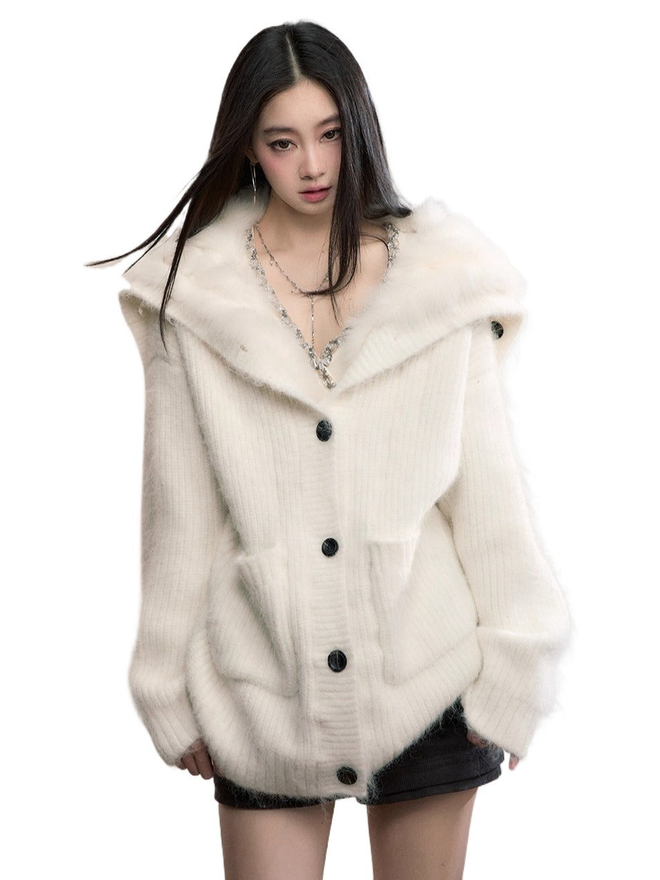 Fox Fur Collar Plush Knit Cardigan
