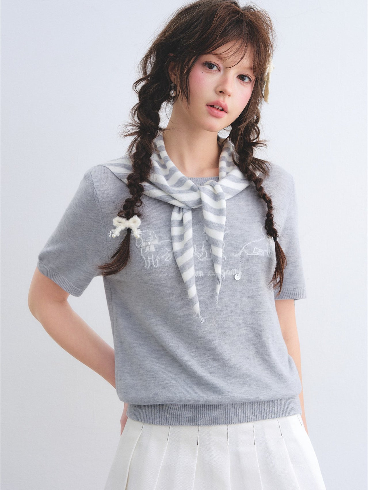 Wool-Blend Jacquard Knit Tee & Striped Shoulder Set