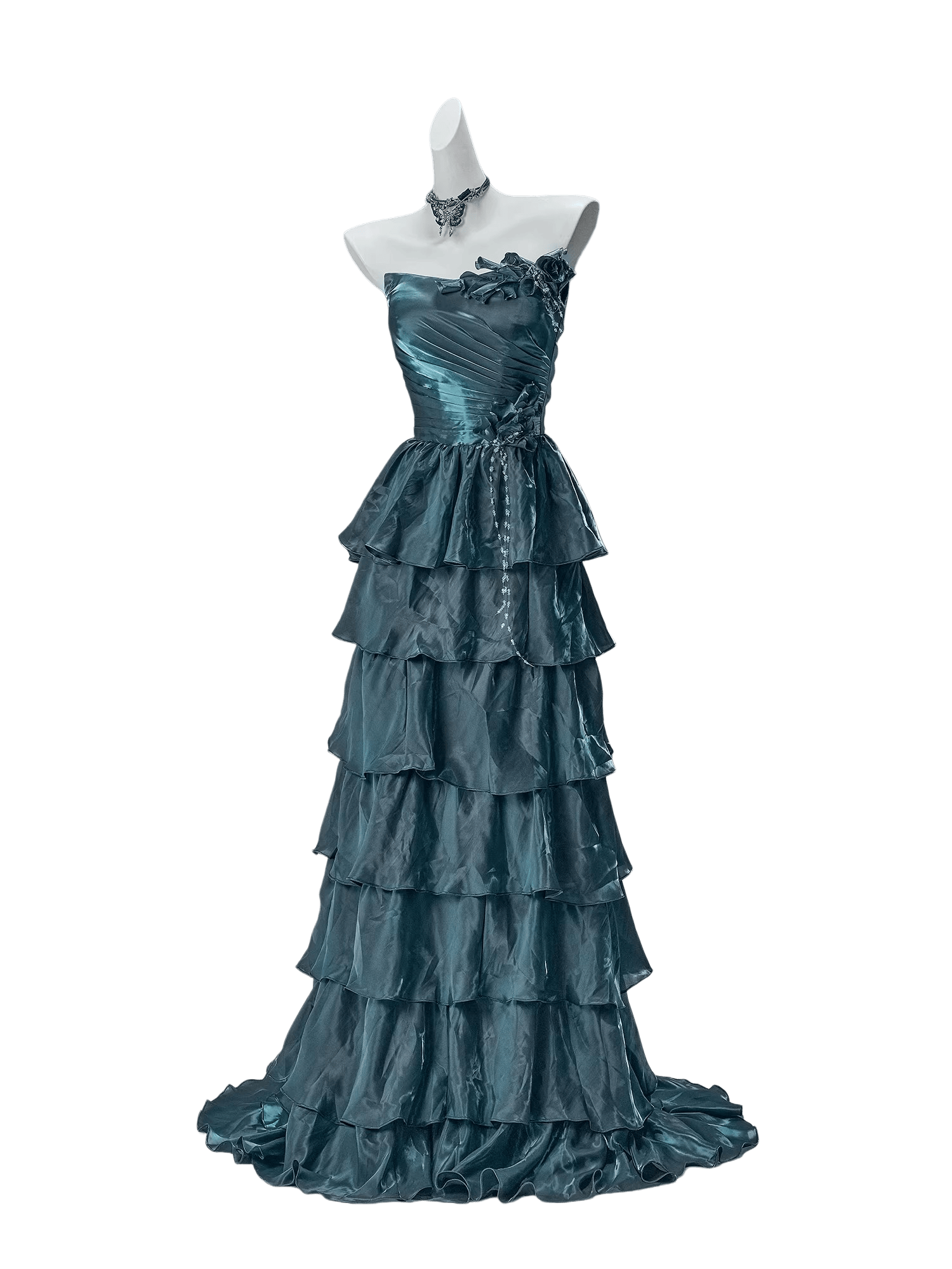 Bengi Midnight Teal Tiered Couture Gown