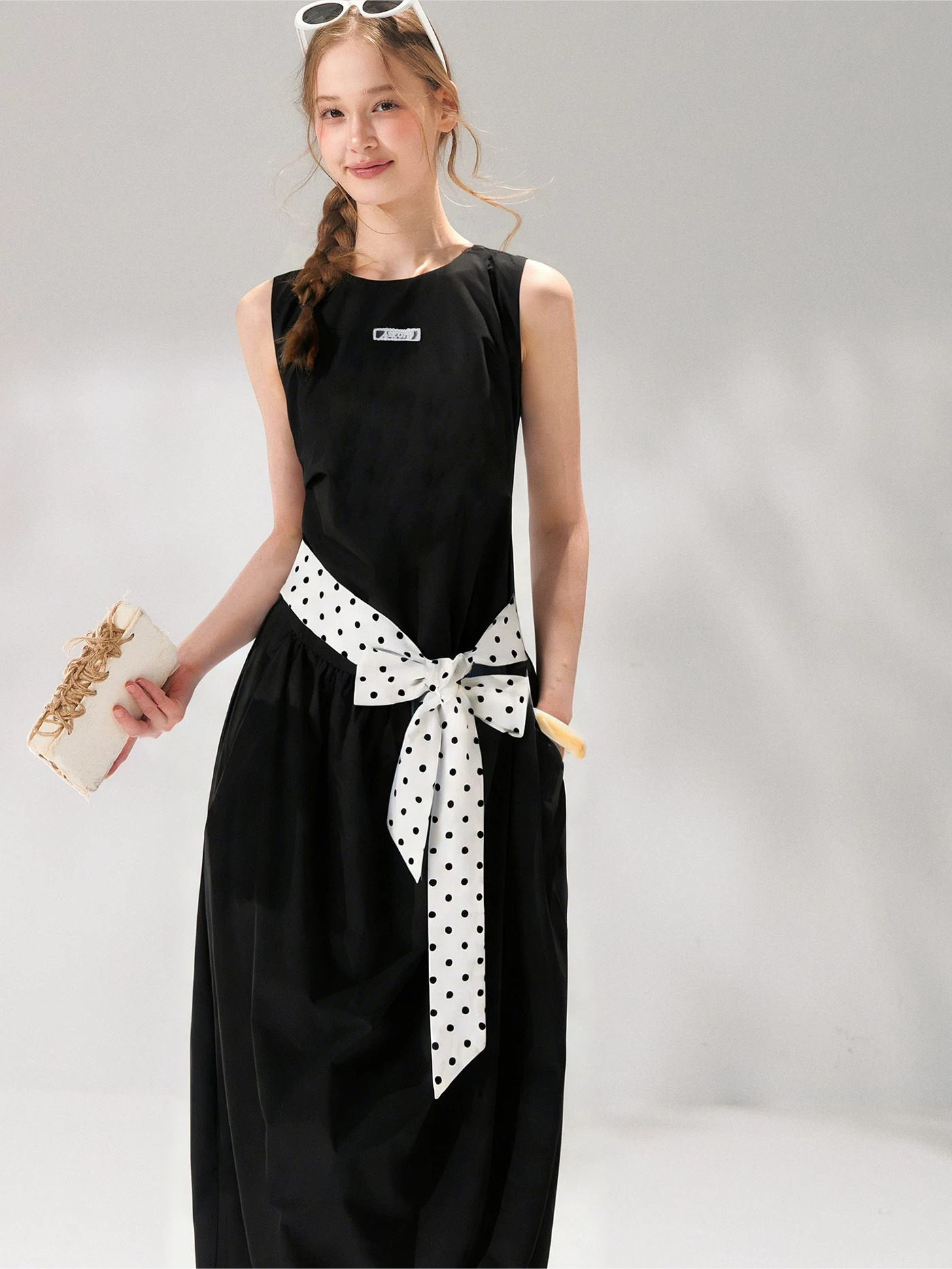 Polka-Dot Tie-Waist Sleeveless Midi Dress