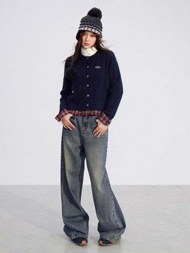 Plaid Patchwork Knit Cardigan