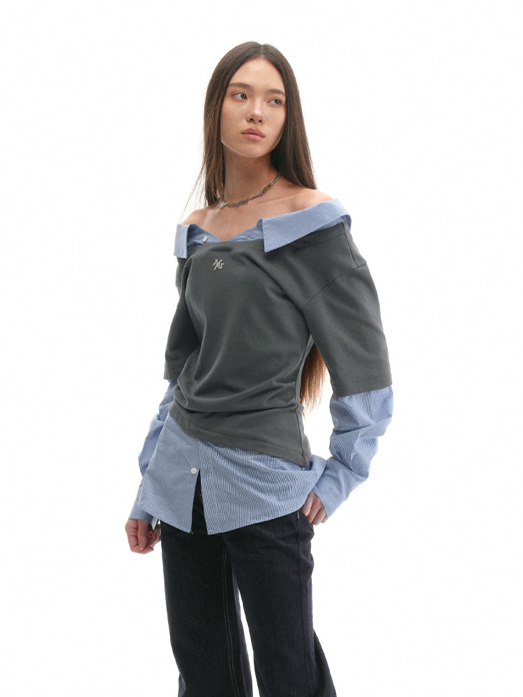 Off-shoulder Slimming Shirt Patchwork T-shirt - CHINASQUAD