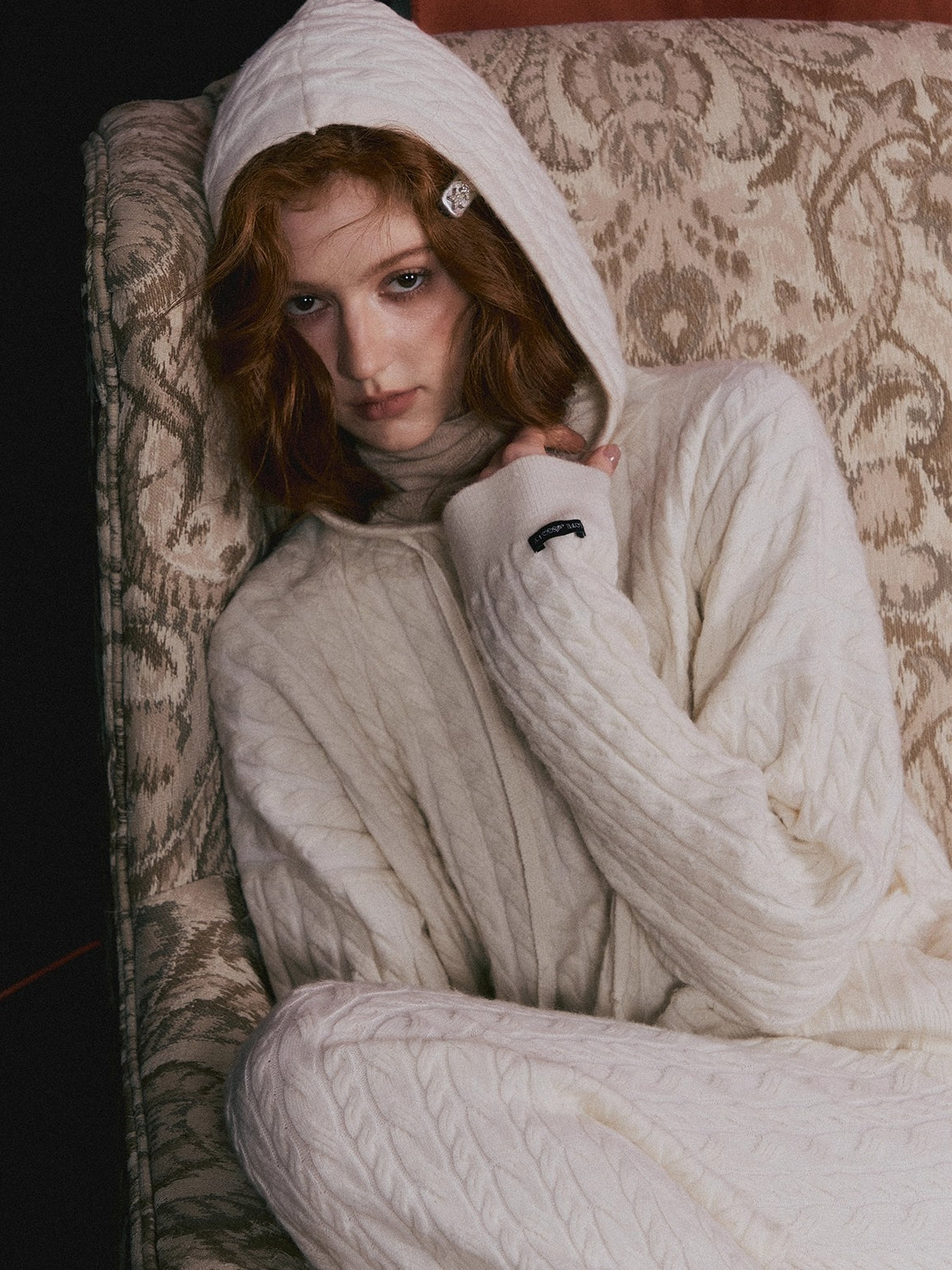 Wool Blend Cable Knit Hoodie & Wide-Leg Pants Set