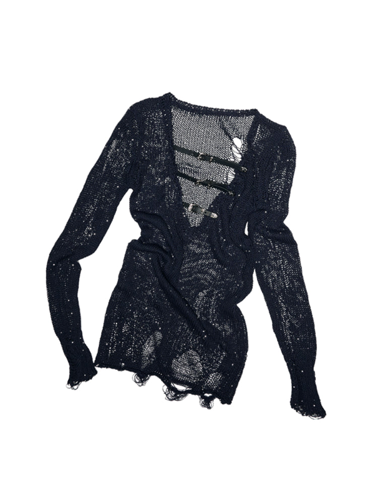 Reversible Hollow Sequin Knit Pullover - CHINASQUAD