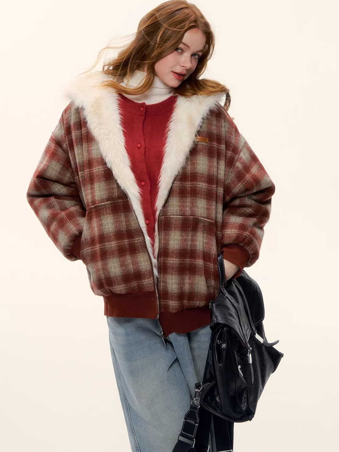 Reversible Plaid Teddy Fur Jacket