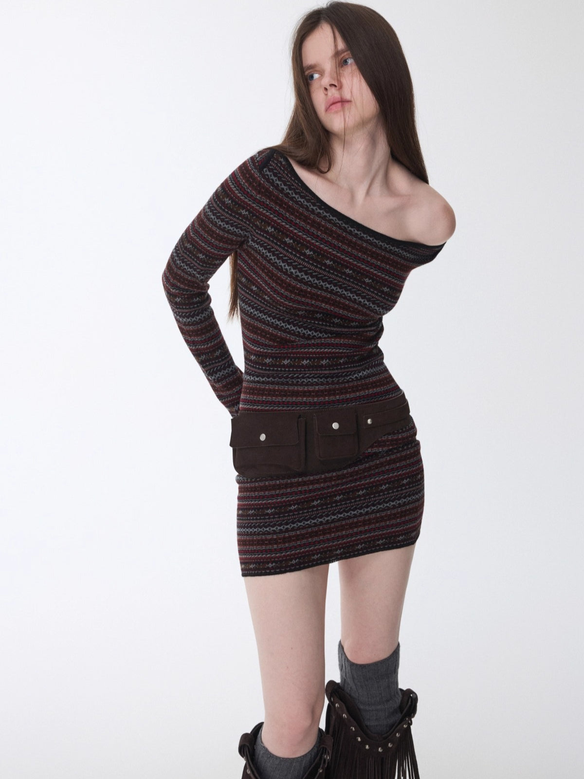 Fair Isle Off-Shoulder Jacquard Knit Dress