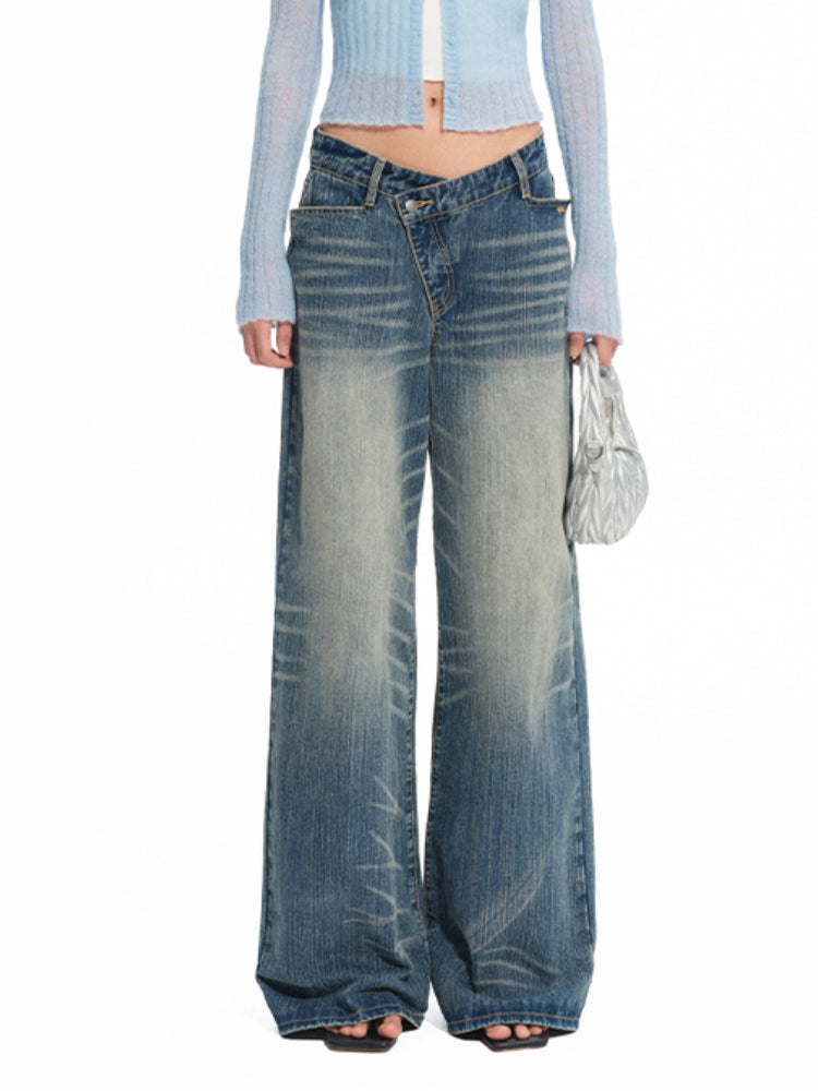 Washed Denim Low-waist Wide-leg Pants - CHINASQUAD