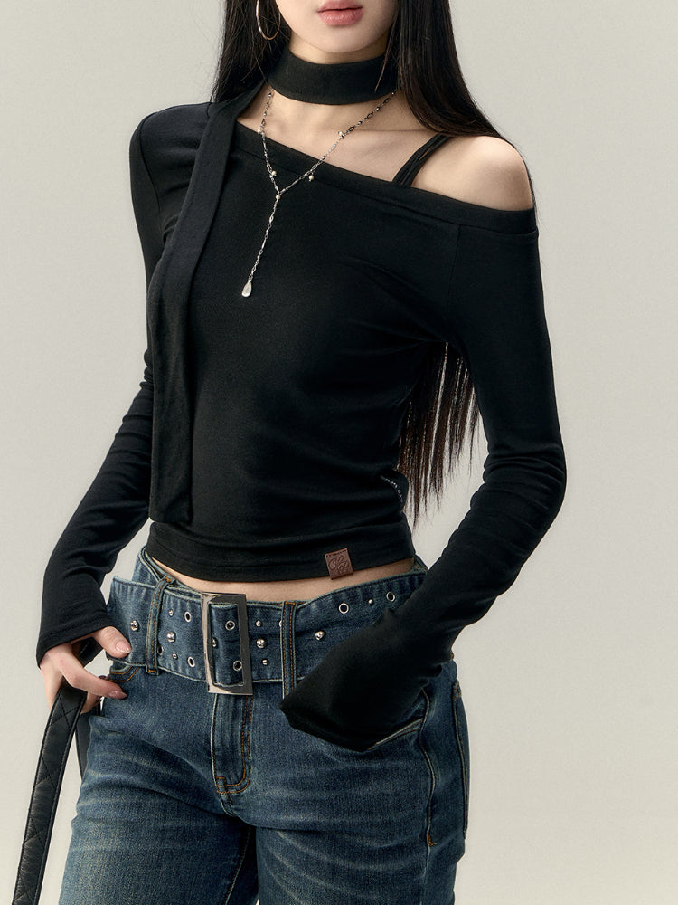 Wool Blend Asymmetric Shoulder T-Shirt - CHINASQUAD