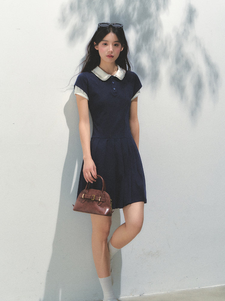 Polo Collar Rhinestone Pleated Dress - CHINASQUAD