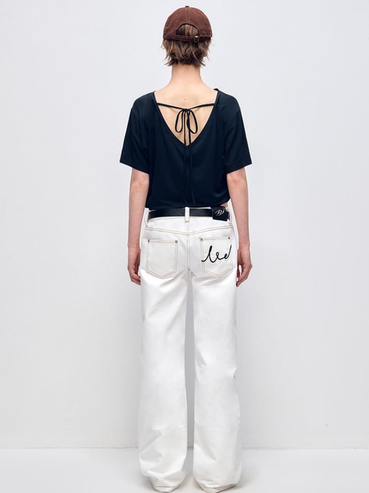 White Patchwork Leopard Print Straight-Leg Denim Pants - CHINASQUAD