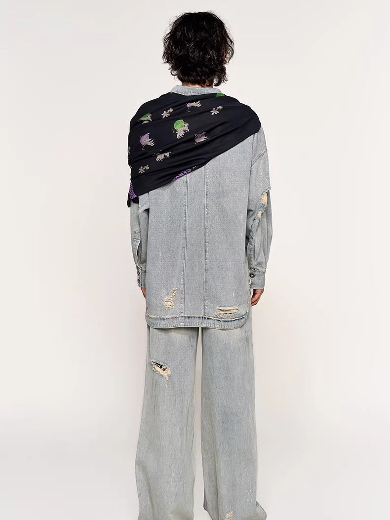 Silver-Foil Raw-Edge Oversized Denim Shirt