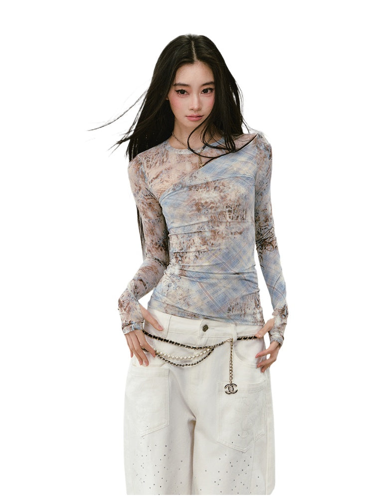 Printed Mesh Contrast-colored Long-sleeve T-shirt - CHINASQUAD