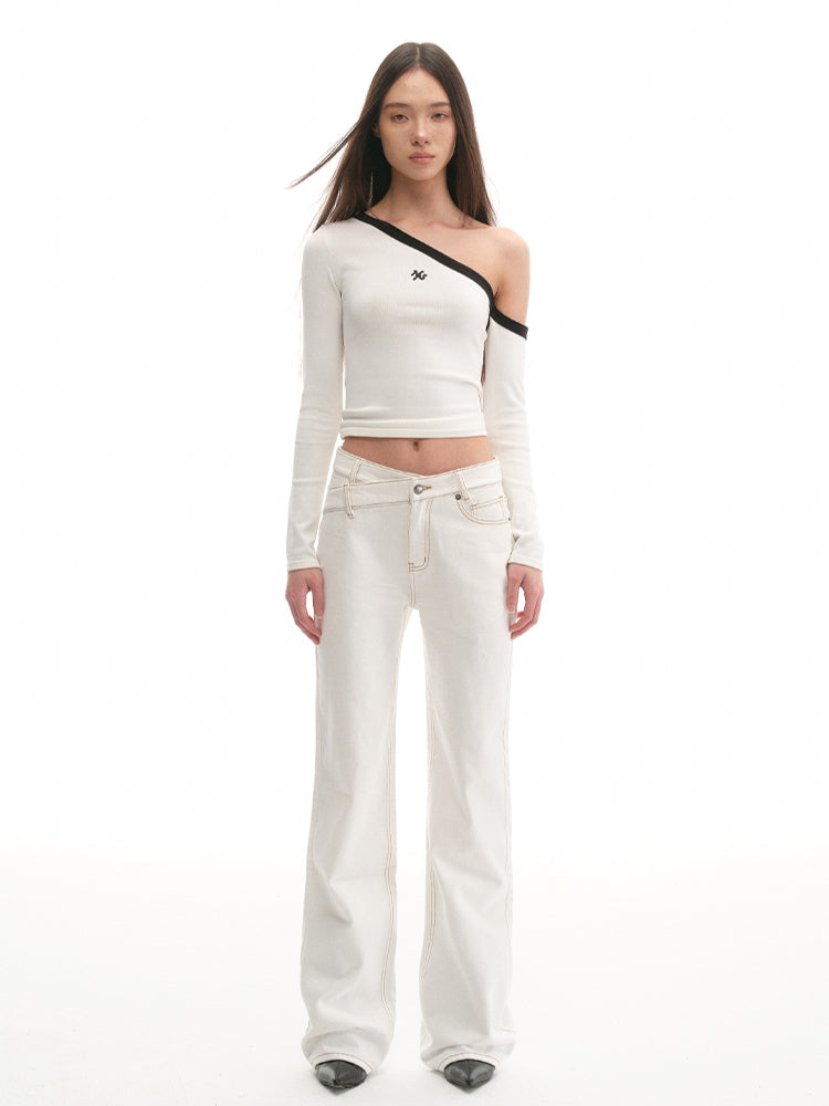 Asymmetrical Shoulder Slim-Fit Long-Sleeve Top - CHINASQUAD