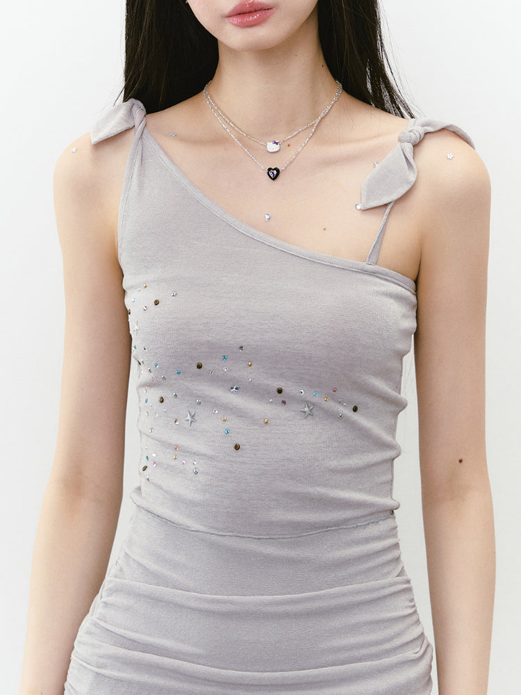 Beaded Strappy Asymmetric Dress - CHINASQUAD