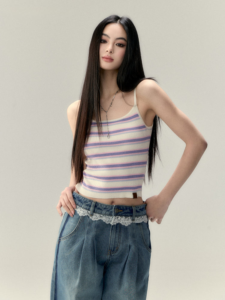 Striped Knit Short Acid Wash Tank Top - CHINASQUAD