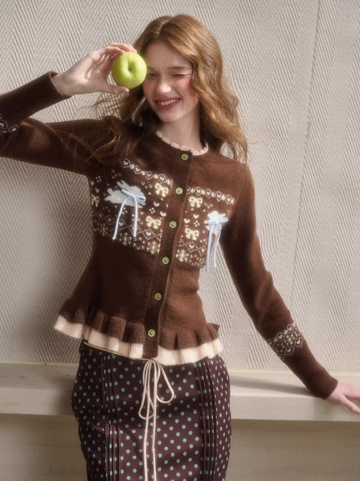 Fair Isle Knit Cardigan & Polka Dot Skirt Set