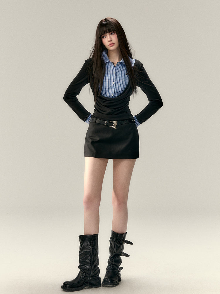 Fake Two-Piece Plaid Spliced Shirt - CHINASQUAD