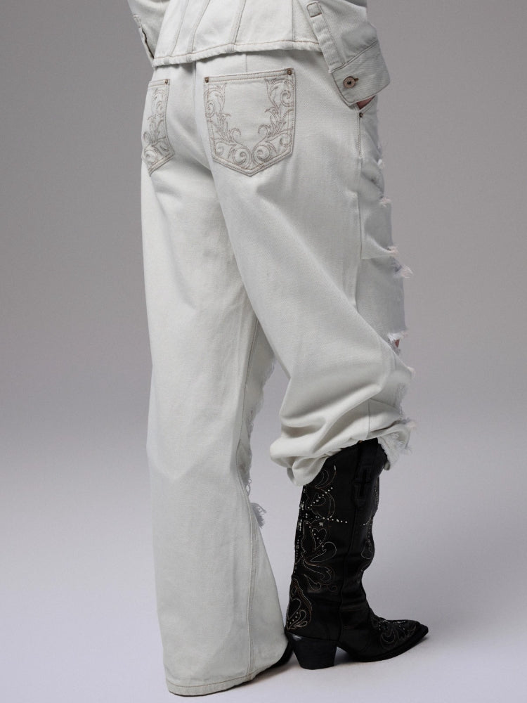 Embroidered Low-Waist Ripped Jeans