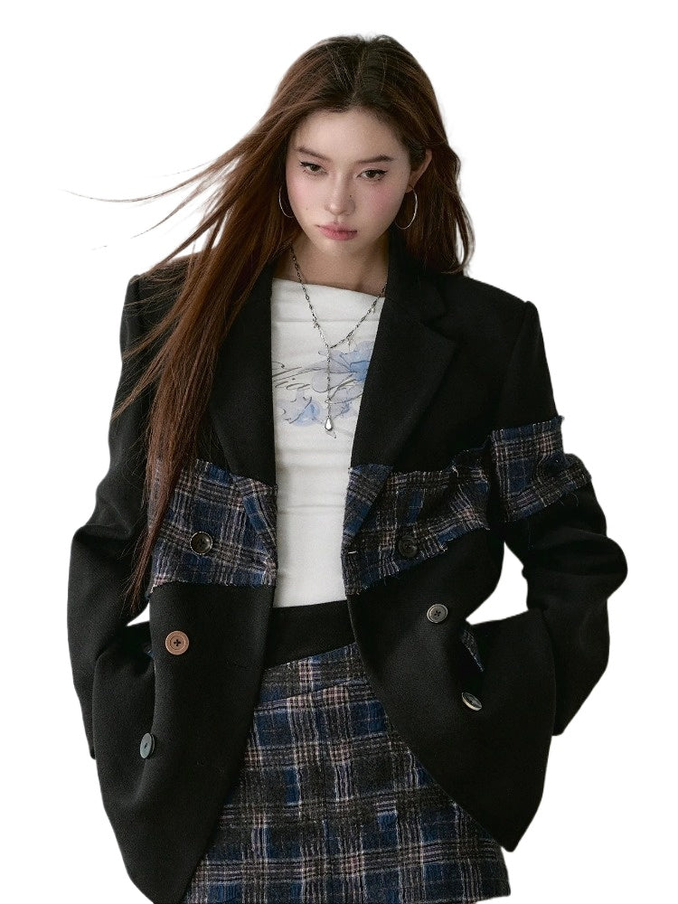 Wool Plaid Patchwork Mid-Length Coat - CHINASQUAD