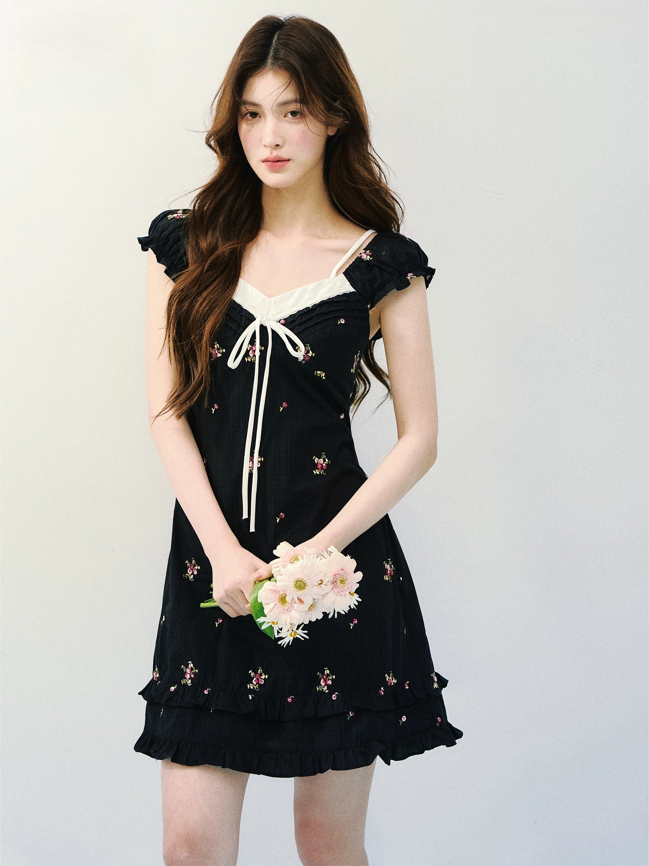 Vintage Floral Layered Square-Neck Dress