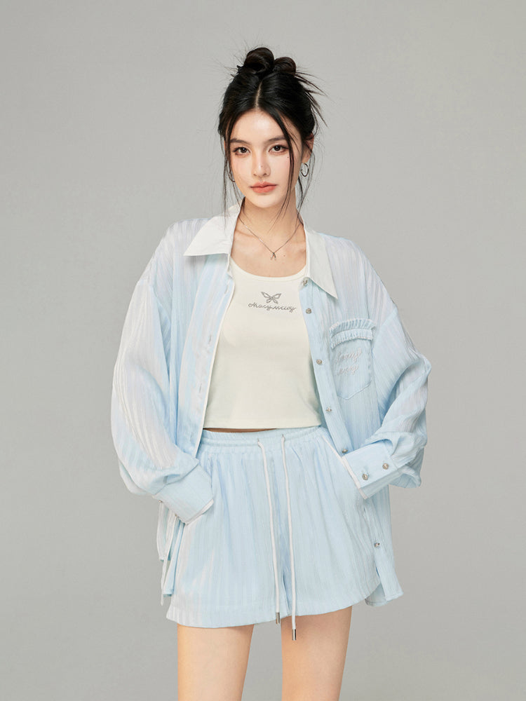 Color-block Shiny Silk Shirt & Shorts Set