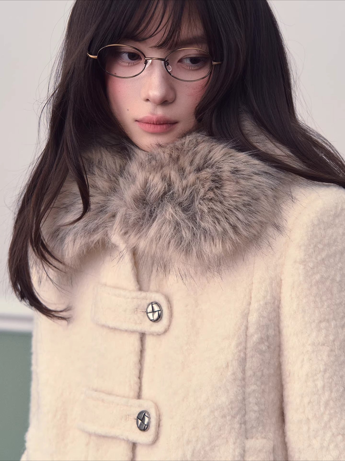 Wool-Blend Fur-Collar Short Down Jacket