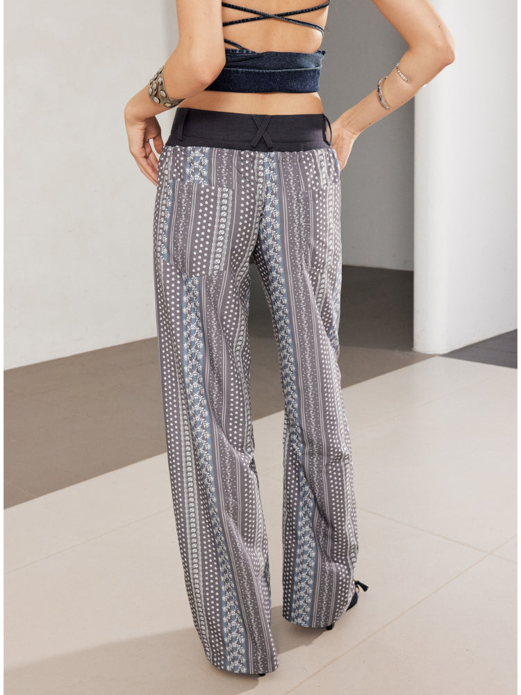 Printed Spliced Low-Waist Striped Wide-Leg Pants - CHINASQUAD
