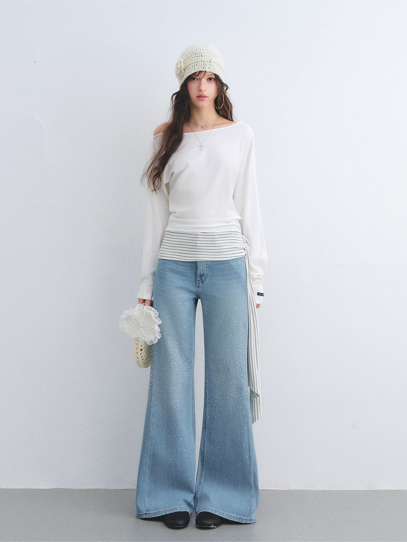 Asymmetric Batwing Sleeve Striped Tie-Hem Long Sleeve Top