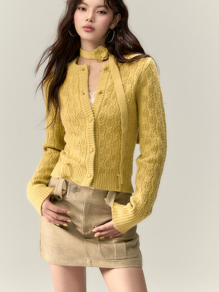 Belted Hollow Out Knit Sweater - CHINASQUAD