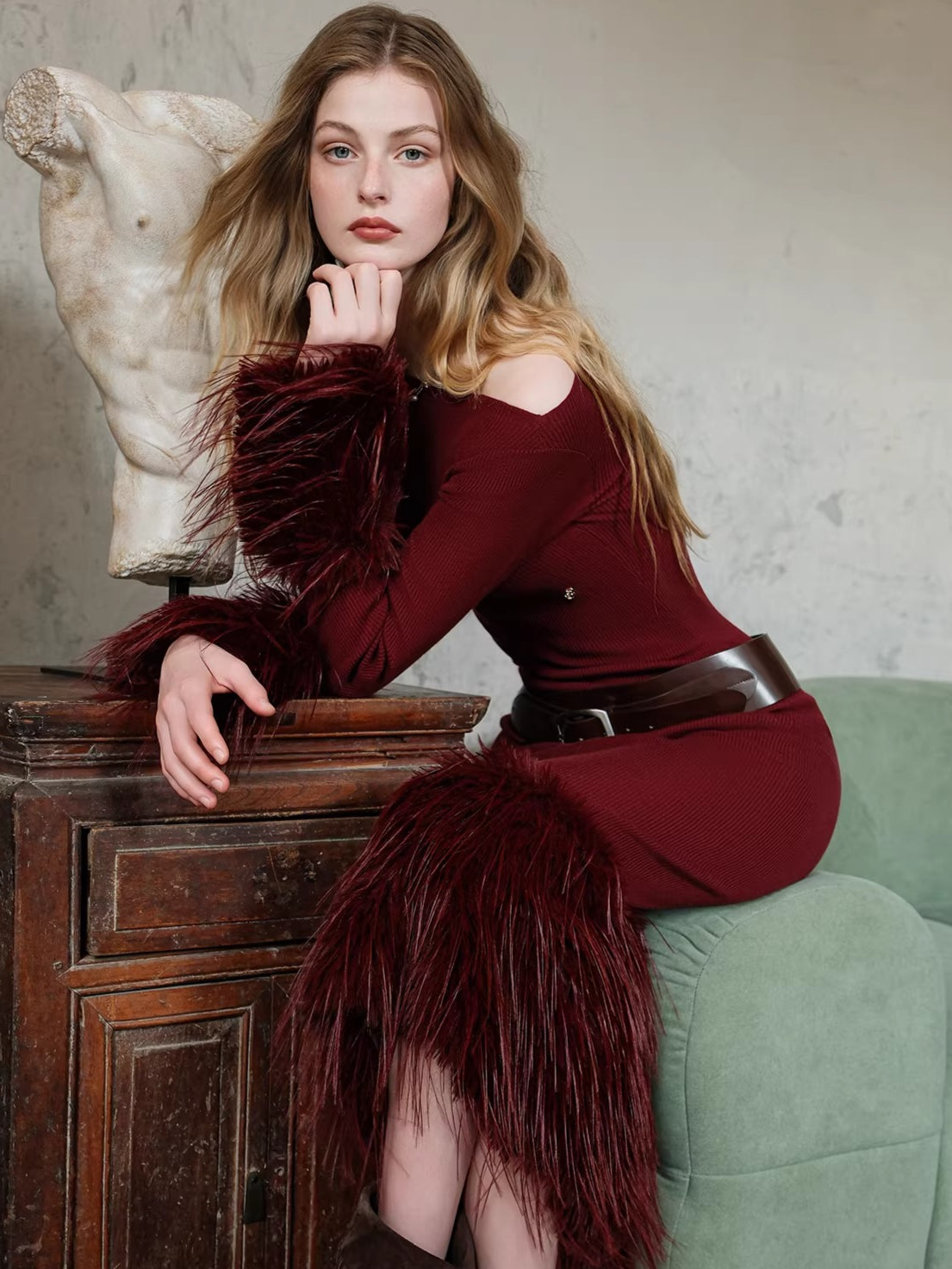 Vintage Off-Shoulder Knit Maxi Dress