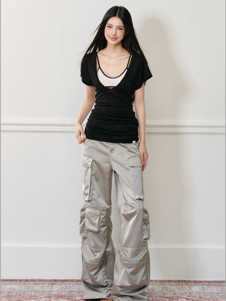 Color-Block Real Two-Piece U-Neck T-Shirt - CHINASQUAD