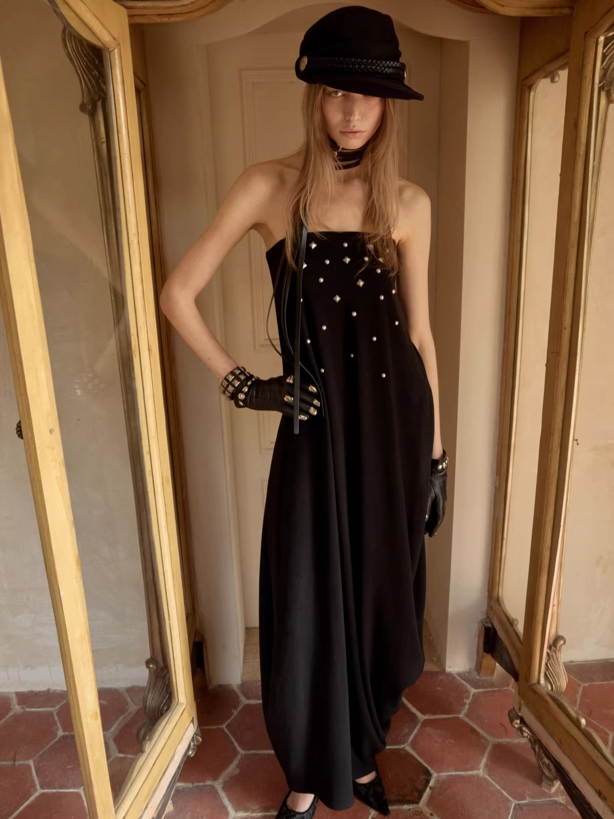 Studded Sculptural Strapless Maxi Dress